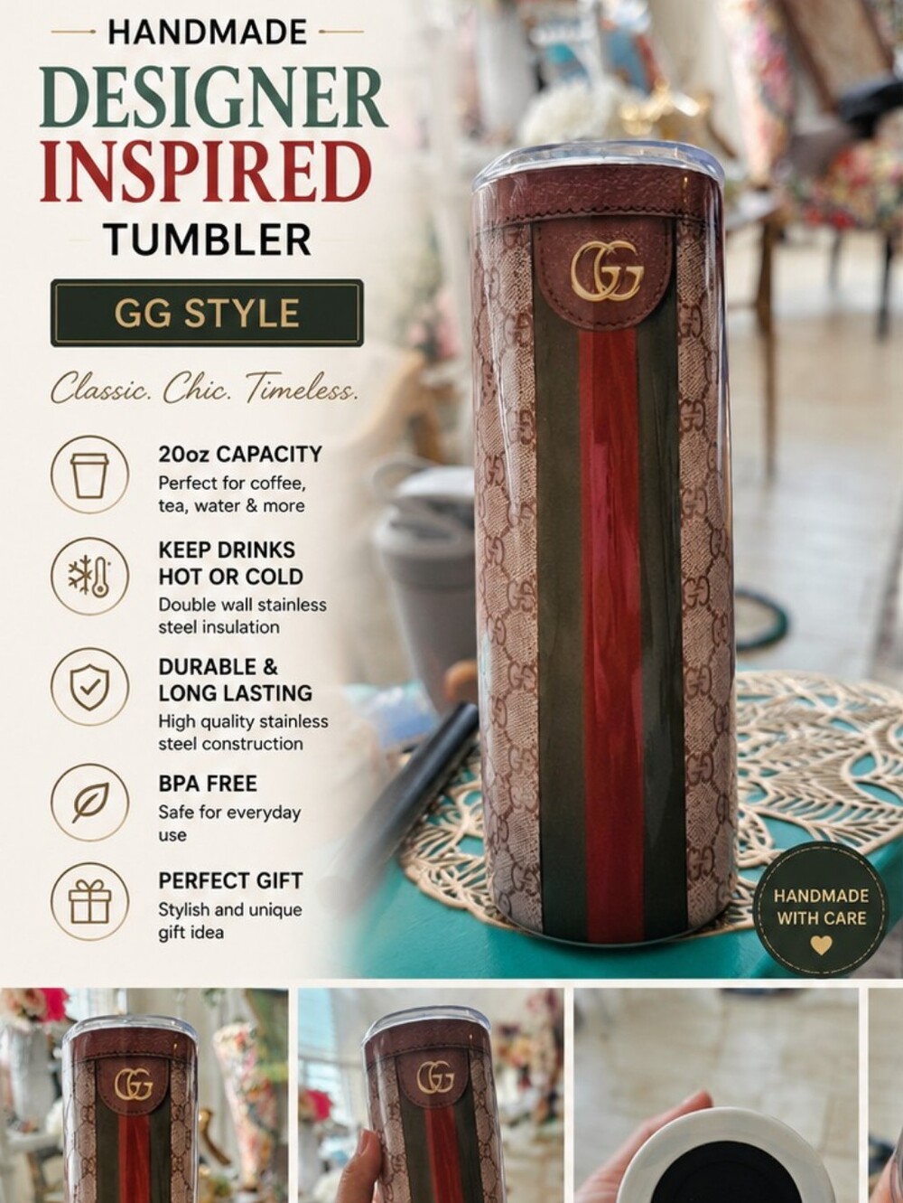 Handmade Luxury Designer Inspired Stainless Tumbler | GG Style Print | 20oz